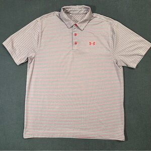 Under Armour HeatGear Polo Shirt Gray Red Striped Mens Large UA Performance Golf